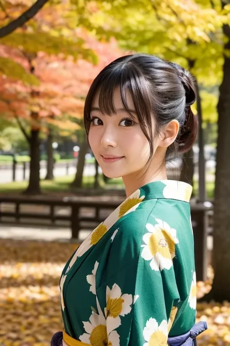 A cute 25 year old Japanese woman。The location is a park with beautiful autumn leaves.。The attire is a Japanese yukata。The color of the yukata is yellow-green.、The pattern is floral。Standing、A face about to kiss with eyes open