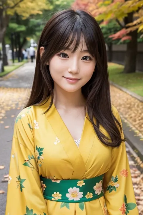 A cute 25 year old Japanese woman。The location is a park with beautiful autumn leaves.。The attire is a Japanese yukata。The color of the yukata is yellow-green.、The pattern is floral。Standing、A face about to kiss with eyes open