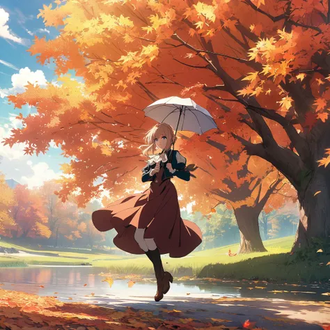 Anime scene of a woman holding an umbrella, (Violet Evergarden). Beautiful autumn scenery, anime girl jumping over the lake, autumn leaves dancing in the wind, vibrant autumn colors, maple tree with autumn leaves, romanticism, best anime 4k wallpapers, epi...