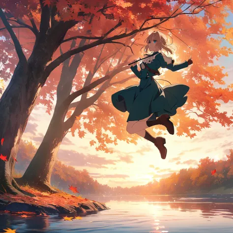 Anime scene of a woman holding an umbrella, (Violet Evergarden). Beautiful autumn scenery, anime girl jumping over the lake, autumn leaves dancing in the wind, vibrant autumn colors, maple tree with autumn leaves, romanticism, best anime 4k wallpapers, epi...