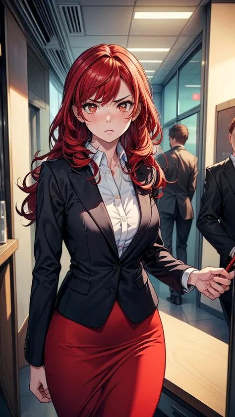 ((((masterpiece, best quality:1.8, high detail)))), (1girl), beautiful angry woman, solo focus, long wavy hair, red hair, (black blazer), (red midi pencil skirt), ((long red skirt)), wide hips, office interior, ((realistic)), ((realism)), ((ultra detailed)...