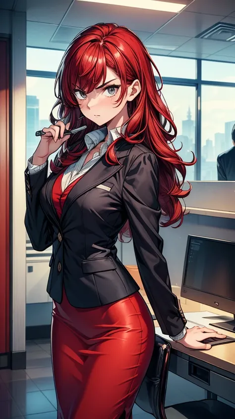 ((((masterpiece, best quality:1.8, high detail)))), (1girl), beautiful angry woman, solo focus, long wavy hair, red hair, (black blazer), (red midi pencil skirt), ((long red skirt)), wide hips, office interior, ((realistic)), ((realism)), ((ultra detailed)...