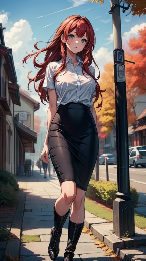 ((((masterpiece, best quality:1.8, high detail)))), (1girl), beautiful woman, large breasts, solo focus, long hair, (red hair), (white button shirt short sleeves open shirt), (black pencil skirt), (long black skirt), boots, slim body, sidewalk, tree, fall,...