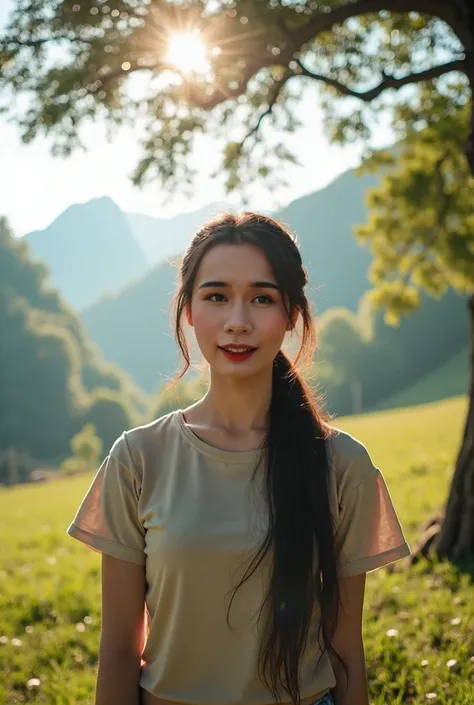 Wide-angle frontal photograph ,Beautiful Asian women, Long hair ,I tied my hair ,stand,Beautiful fingers, Under the tree, Wear a t-shirt, nature, smog, morning sunlight, mountains, sneakers.