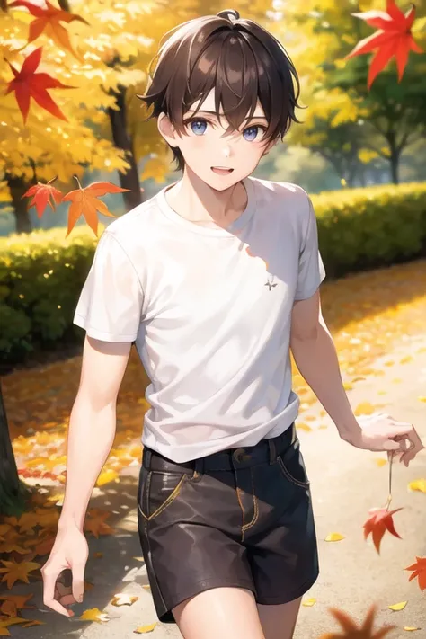 a boy wearing a white sleeved shirt, autumn leaves color shorts, walk in the park, beautiful detailed eyes, realistic textures, detailed background