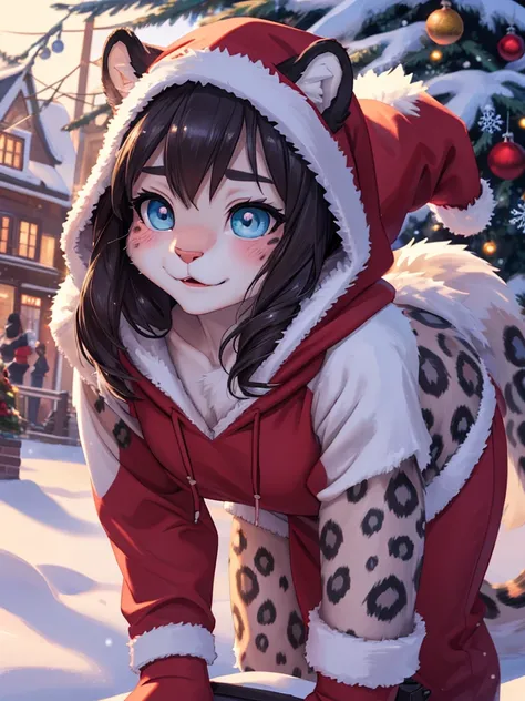 Lonely Christmas , Snow Leopard Girl , Watching families passing by, A hoodie with a Christmas design
, ( soft focus , Shallow focus , soft light) , Mature , Euphoria , glossy lips , moist eyes , coquettish , bold action , flasher , Insane , fabulous , sen...