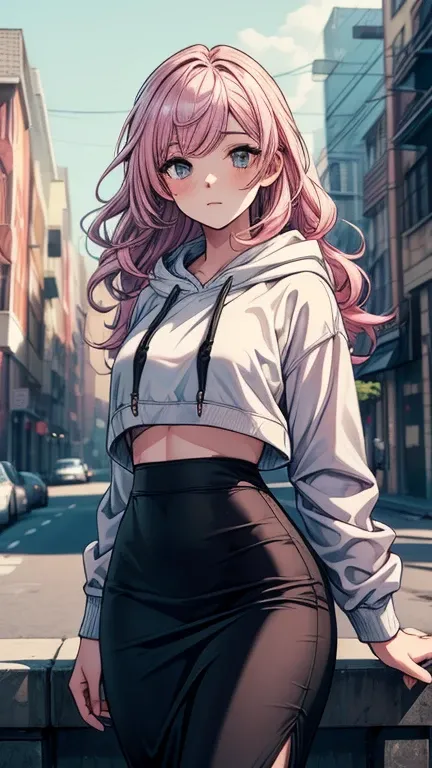 ((((masterpiece, best quality:1.8, high detail)))), beautiful woman, solo focus, long wavy hair, pink hair, (white hoodie), (black midi pencil skirt), (long skirt), wide hips, cityscape, ((realistic)), ((realism)), ((ultra detailed))