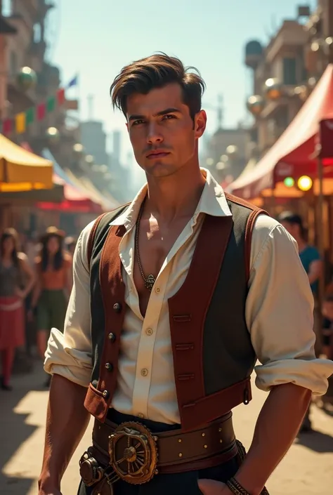 Steampunk Historical Reenactor
In a vibrant modern steampunk festival, a hot, muscular young historical reenactor poses in elaborate attire. His partially unbuttoned waistcoat reveals a well-defined chest, while his smooth skin glistens under the bright fe...