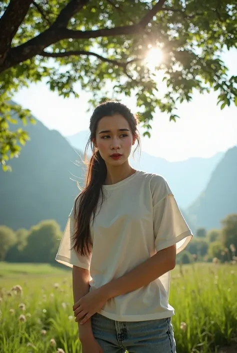 Wide-angle frontal photograph ,Beautiful Asian women, Long hair ,I tied my hair ,stand,Beautiful fingers, Under the tree, Wear a t-shirt, nature, smog, morning sunlight, mountains, sneakers.