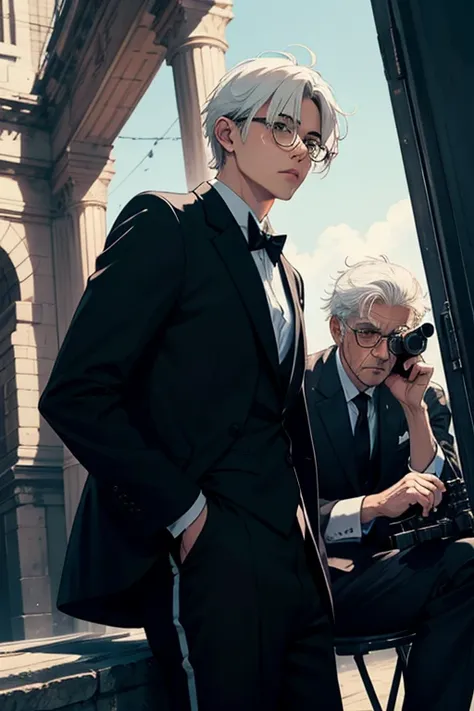  ,glasses ,messy white hair ,black pants ,black tie and jacket  , ,black eye,sniper