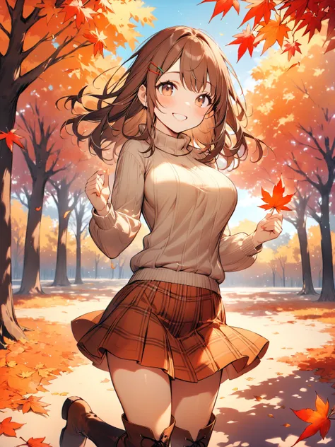 cheerful girl, (medium hair), (shoulder length hair:1.2), wavy brown hair, colorful hairpins, (bright expressive brown eyes), slight blush, grin, healthful body, petite body, (short stack), (big breasts:0.4), natural round breasts, BREAK autumn leaves, lea...