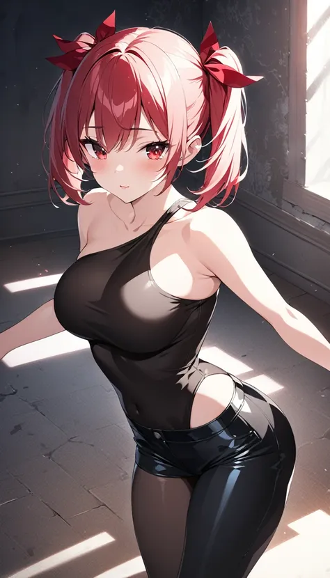 kawaii fighter beauty, glossy silky twin side tails short hair with red ribon, elegance, dignity, seductive and attractive expression, captivating red eyes, curvaceous, wearing black half top T-shirt, black tight fit half-pants, various effects, delicate a...