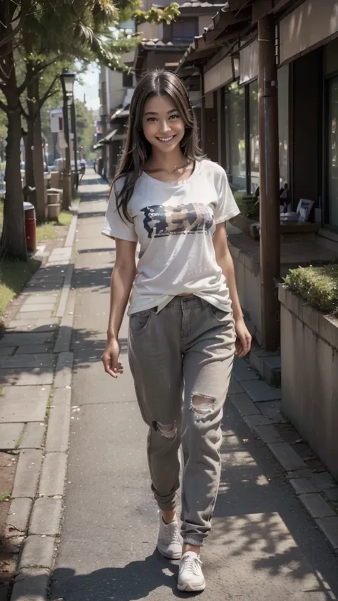 (Full body image:1.5), (half japanese half german teenager, standing, alone:1.2) , (shes wearing shabby tshirt and medium pants:1.3), (shes walking to the store to buy grocery:1.3), she has (brown eyes, dark brown a little long hair:1.2), (shes smiling a l...