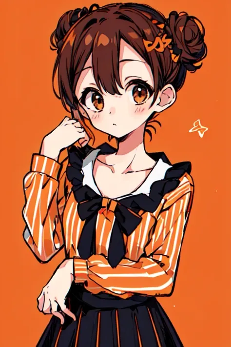 1girl, jack-o'-lantern, solo, double bun, hair bun, striped clothes, shirt, hair ornament, pumpkin, halloween, striped shirt, lo...