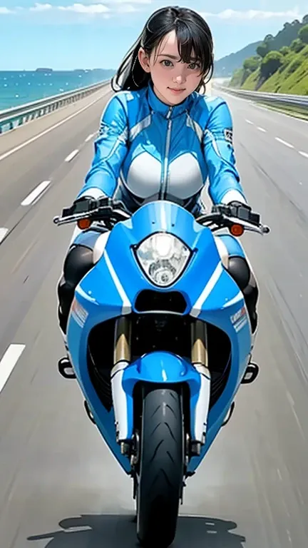 there is a woman riding a light blue 1300cc super bike on the road.., (((wheelie))) speeding along a straight coastal road on a ...