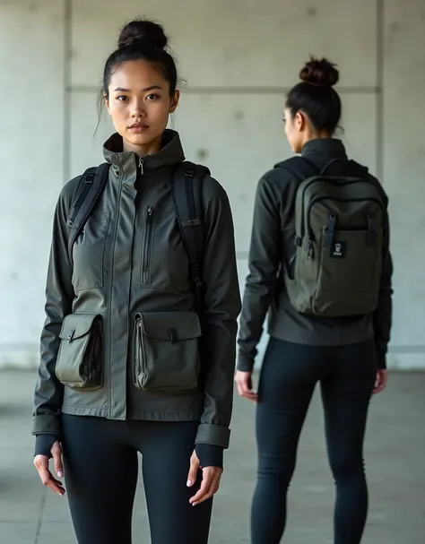 there is a woman standing in a room with a backpack, model is wearing techtical vest, with a backpack, full subject shown in photo, centre image, with two front pockets, backpack, photograph of a techwear woman, technical vest, front side full, bag over th...