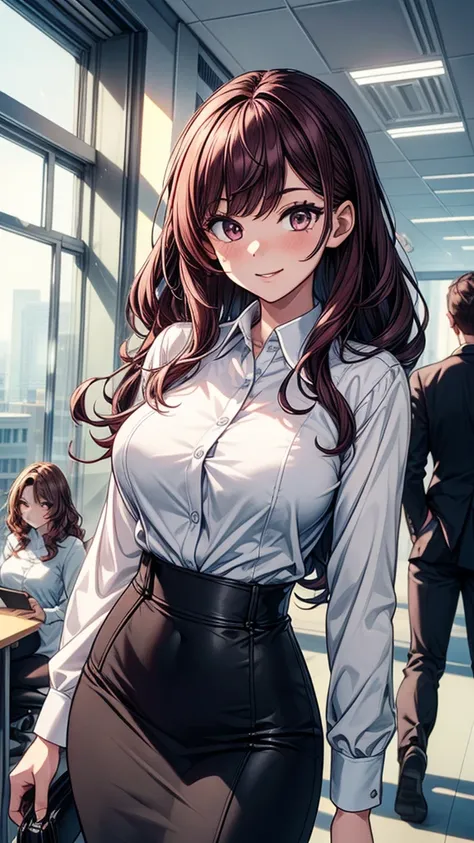 ((((masterpiece, best quality:1.8, high detail)))), (2girls), two beautiful business women (walking together), bright eyes, smile, looking at viewer, solo focus,, long ((wavy hair)), ((dark burgundy hair)), ((white collar shirt long sleeves)), (black midi ...