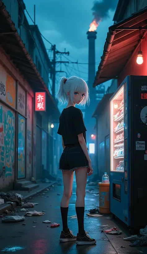 masterpiece, Best Quality, High resolution, Very detailed,(((Cute girl with white hair))), (((Japanese anime style))), (((Black T-shirt))), (((mini skirt))), (((Black knee socks))), (((sneakers))), (((There is trash scattered around))), (((Vending Machine)...