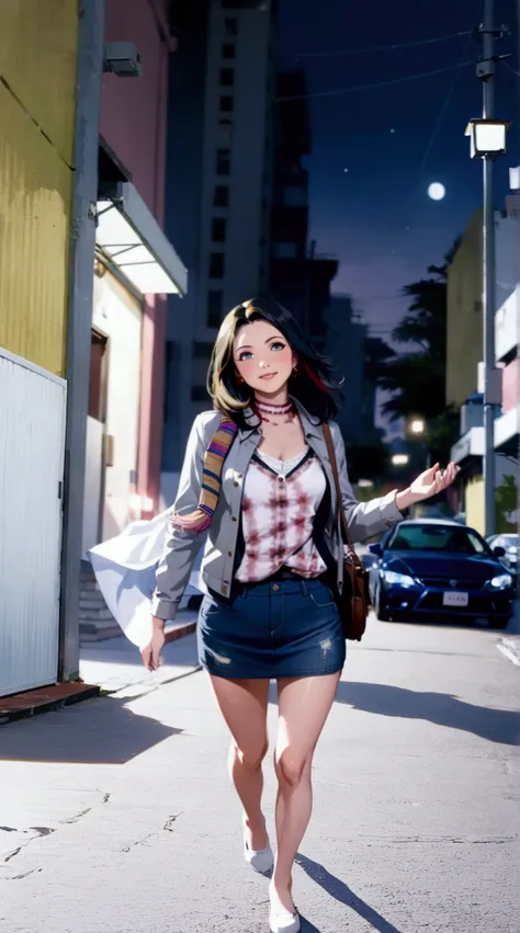 pretty young woman is walking on street at night,  she is long wavy hair (+forehead, black hair), wearing light-gray long sleeves jacket,  undershirt, dark prussian-blue denim pencil skirt, scarf, BREAK, ((masterpiece:1.2), (best quality:1.2), (very aesthe...