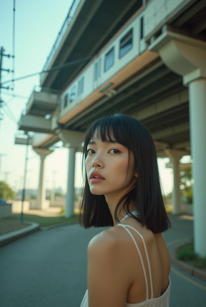 editorial photography,super detailed background,Super realistic,double exposure,depth of field,summer vibes,soft focus tone,narrative scene,very skinny,Straight hair,blunt short bangs,ultra-slim eyes,A train passing over an elevated,Underpass,from below,