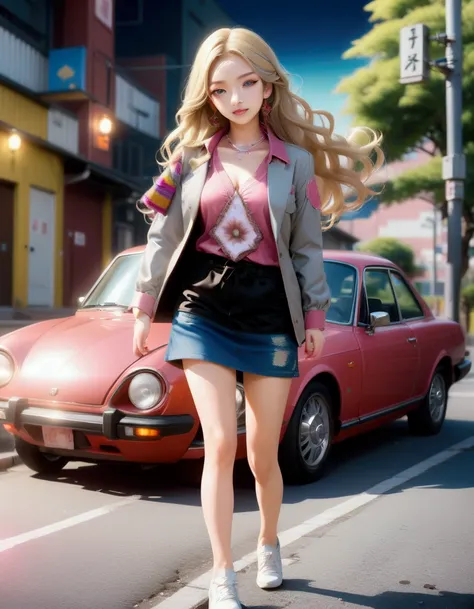 pretty young woman is walking on street at night, car running behind her, she is long wavy hair (+forehead, black hair, blonde o...