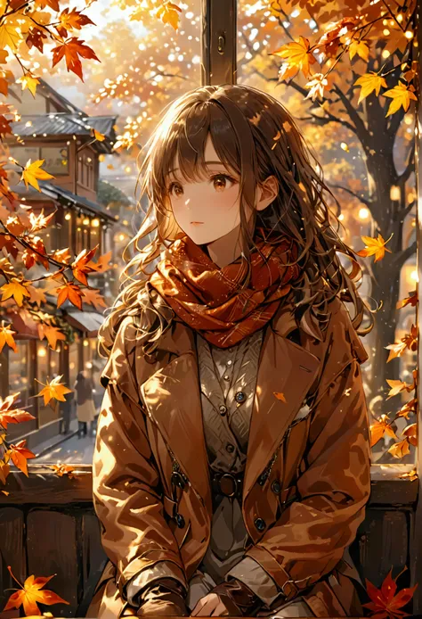 Generate a beautiful anime-themed image of a stylish Japanese college girl sitting in a cozy cafe during autumn. The scene should be inspired by the elegant, character-focused style of Makoto Shinkai, known for his breathtaking attention to detail and atmo...