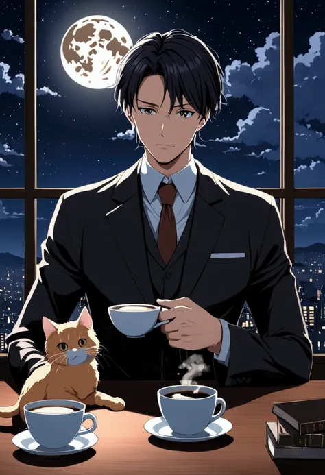 An anime man who is a cpa-lawyer with his cat and coffee in the night looking at the moon  full of hopes