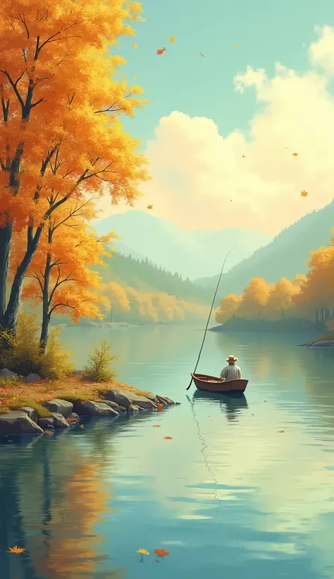 Generate a serene lakeside autumn landscape with a whimsical, story-book art style. The trees lining the shore are full of vibrant golden-yellow leaves, each leaf sharply outlined to create a mosaic-like effect. There is a fisherman on fishing boat. The la...