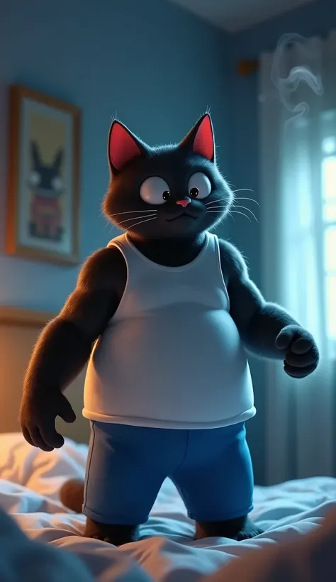 Upstairs, an anthropomorphic black cat with a big and muscular body, wearing a sleeveless white shirt and blue sport pants, wakes up to the smell of smoke. The cat’s sharp, alert eyes open wide in concern, muscles tensing as it quickly rises from bed. The ...