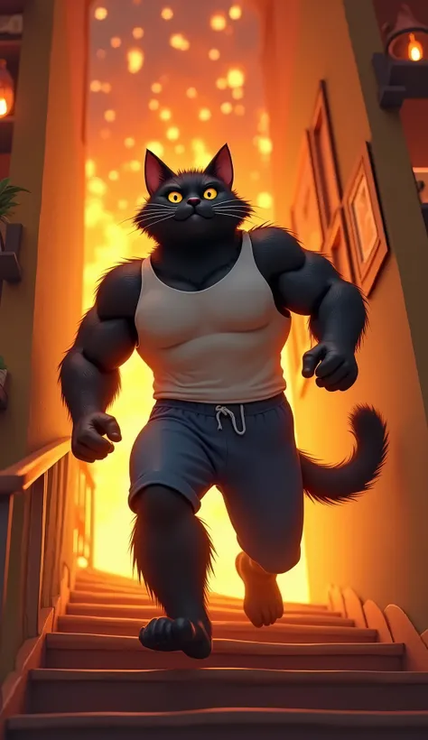 An anthropomorphic black cat with a big, muscular body, wearing a white sleeveless shirt and blue sport pants, rushes down a staircase with urgency. The scene is dramatic as the living room below is engulfed in roaring flames, filling the space with bright...