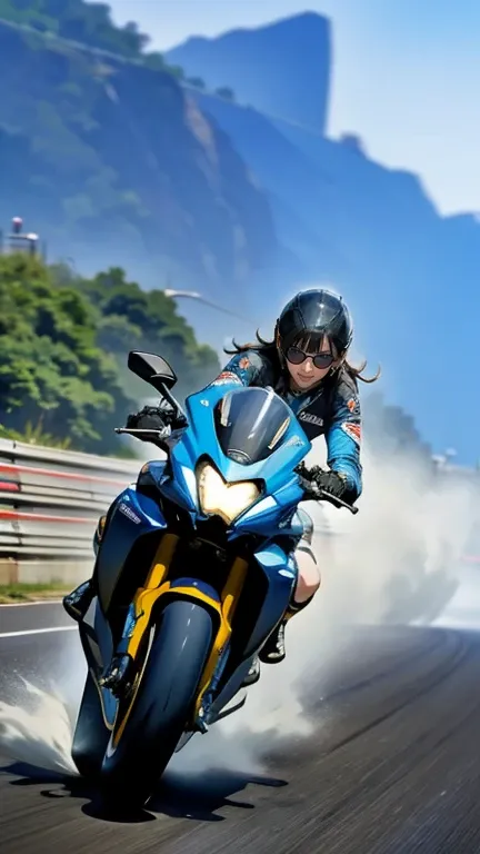 there is a woman riding a cyan 1500cc super bike on the road.., (((wheelie))) racing down the straight enoshima coast on a 1500c...