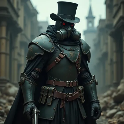 a knight of death in a gas mask, wearing a black top hat, holding a revolver, with harness, bracers with straps, in a gothic style, cinematic lighting, highly detailed, intricate, dark, moody, dramatic, (best quality,4k,8k,highres,masterpiece:1.2),ultra-de...