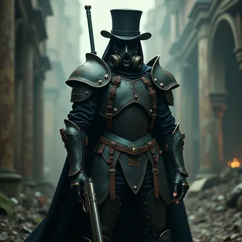 a knight of death in a gas mask, wearing a black top hat, holding a revolver, with harness, bracers with straps, in a gothic style, cinematic lighting, highly detailed, intricate, dark, moody, dramatic, (best quality,4k,8k,highres,masterpiece:1.2),ultra-de...