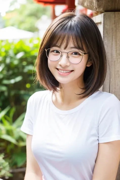 Japanese girl, 18 years old, short shoulder-length hair, fair skin, wearing clear glasses, a white T-shirt, big breasts, a sweet smile, a cupid&#39;s bow mouth