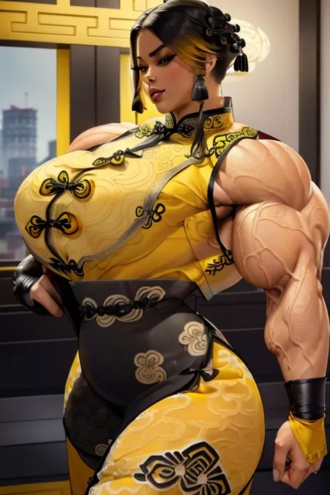 ((Close-up)), tall, (all yellow hair), beautiful muscular Latino woman, long flowing hair, brown skinned, closed smile, large breast, (black lipstick), (massive muscles), (hyper muscle), (((ginormous bulky muscles))), gray eyes, (((((beautiful yellow qipao...