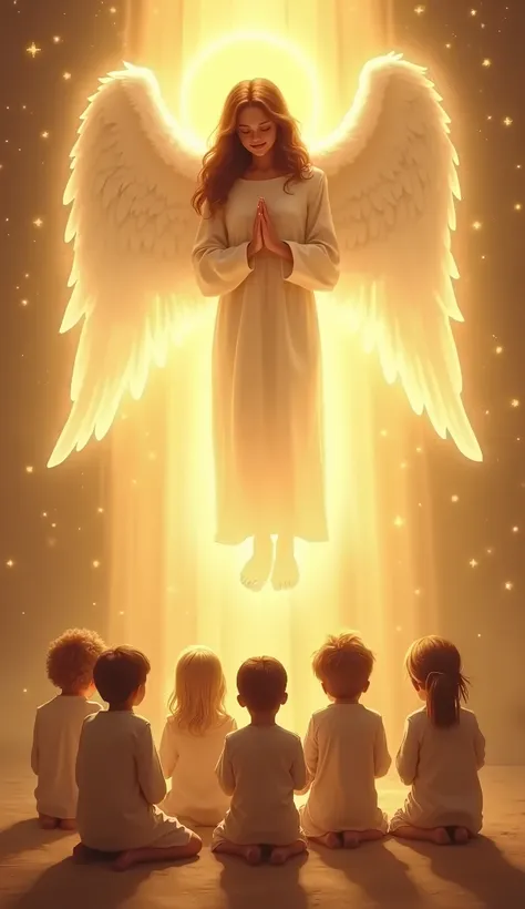 brown hair color and children praying, representing the holy angel protecting the children