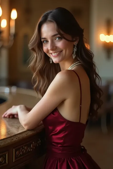 Ultra Realistic portrait photo of a beautiful brunette young german Bridesmaid with beautiful houreglass figure. She stands in the ballroom and leans on the counter. She smiles over her shoulder in the camera and poses with her but. She wears a short metal...