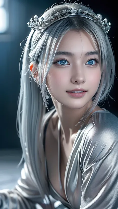 ((masterpiece, Best Quality, High resolution)), Japanese Princess、(Realistic: 1.4), A shy smile、Great face,Glossy lips、blue eyes、Age 15, ponytail、(Beautiful silver hair:1.5), Beautiful lady in royal attire、Tiara、Beautiful body、Beautiful breasts、Beautiful l...