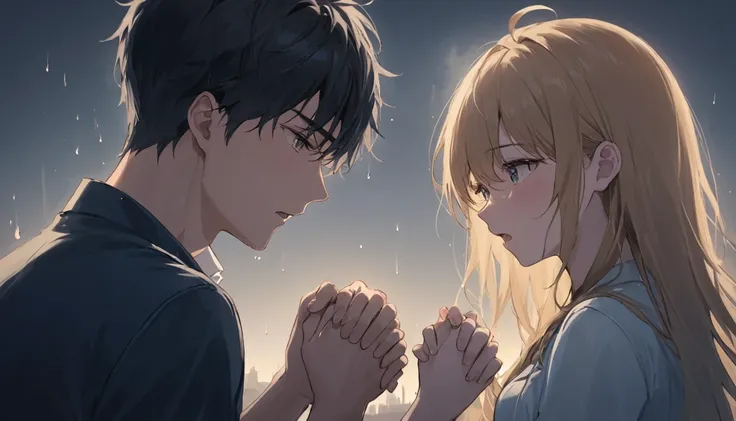 Beautiful girl crying and holding handsome boys hand , handsome boy angry both are alone