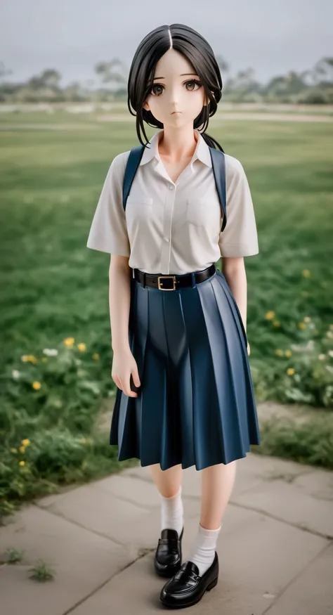 score_9, score_8_up, score_7_up, score_6_up, source_anime, pretty teenage girl is posing at school grass yard, she is black hair (+forehead, low ponytail), wearing white short puff sleeves collared shirt, navy-blue pleated pencil long skirt with black belt...