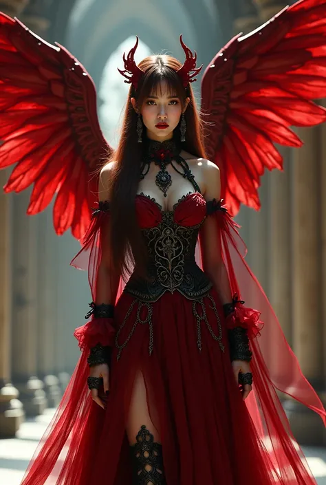 Full body portrait of Asian young woman, wide angle, features a striking character with dark, ethereal elements. The figure is a female character dressed in a gothic-inspired red outfit adorned with intricate jewelry and chains. She has large, red angelic ...