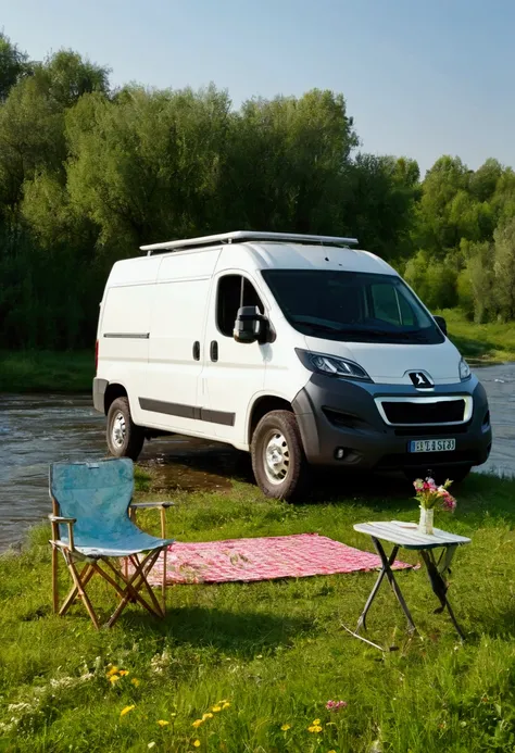 white peugeot boxer castenwagen van stands on the river bank. Meadow flowers, green. girl sets up portable table and chair for picnic. bright evening. sun at sunset. fish are splashing in the river.