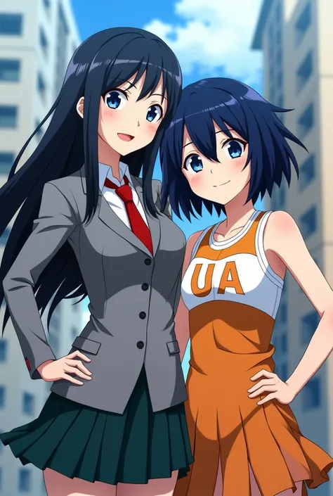 2 girls, one 20 years old, dark blue hair with blue eyes wearing a UA uniform, a gray jacket with a white shirt with a red tie, a dark green skirt and the other a girl with short blue-black hair, bright blue eyes wearing an orange and white cheerleader out...