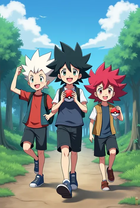 Three Anime Boys One With White Hair,one black and the other red,and they are pokemon trainers 