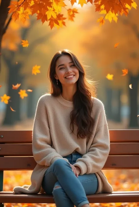 Attractive woman, relaxed expressions, everyday clothes, park benches, orange and yellow leaves, falling leaves, gentle breeze, warm autumn afternoon, clear sky,