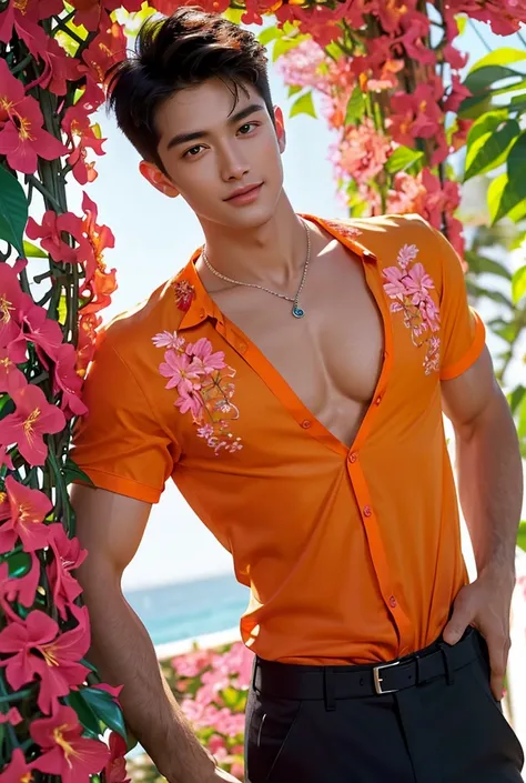 (absurdres, highres, extremely detailed, Ultra High Definition, masterpiece), Amongst vibrant bougainvillea vines A tall, lean, and muscular young man stands beneath an archway covered in cascading bougainvillea vines, their bright magenta and purple flowe...