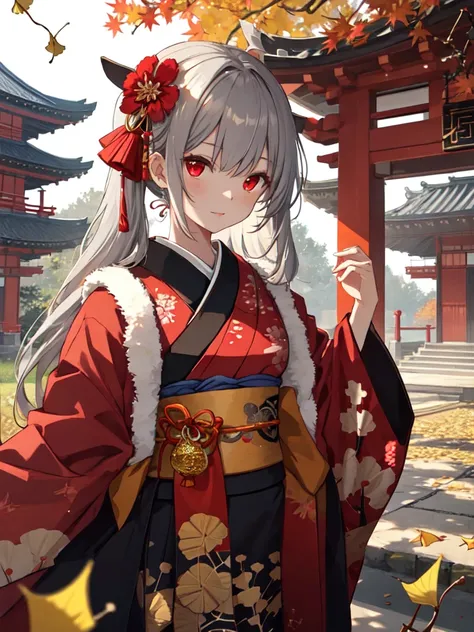 Oiran, autumn leaves, Five-story pagoda, ginkgo, Undershot, A carpet of fallen leaves, Gray Hair, Cute face:1.5, small:1.5, long hair:1.5, pony tail, Red Eyes, UHD, masterpiece, accurate, anatomically correct, textured skin, super detail, high details, hig...