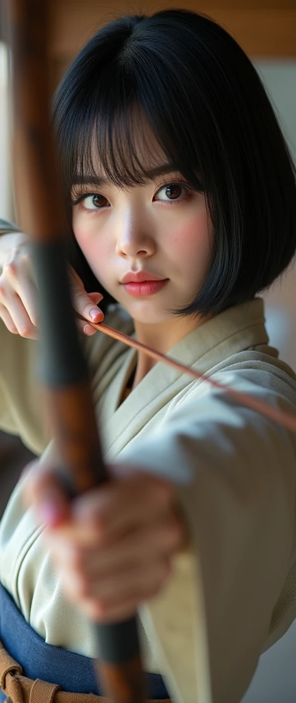 (High resolution), (8k), (Very detailed), (full body), (Beautiful detailed eyes), (Best Quality), (masterpiece),、((Japanese high school girl drawing a kyudo bow:1.8))、((Kyudo Club Activities)),（(Wearing hakama)), （(Short bob hair))、,(Inverted triangle body...