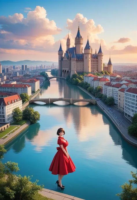 1girl,bangs,black_hair,blue_sky,bridge,building,castle,city,cityscape,cloud,day,dress,looking_at_viewer,outdoors,red_neckwear,red_ribbon,ribbon,river,short_hair,short_sleeves,sky,skyscraper,solo,standing,town,water,(masterpiece,anime,newest,new,exceptional...