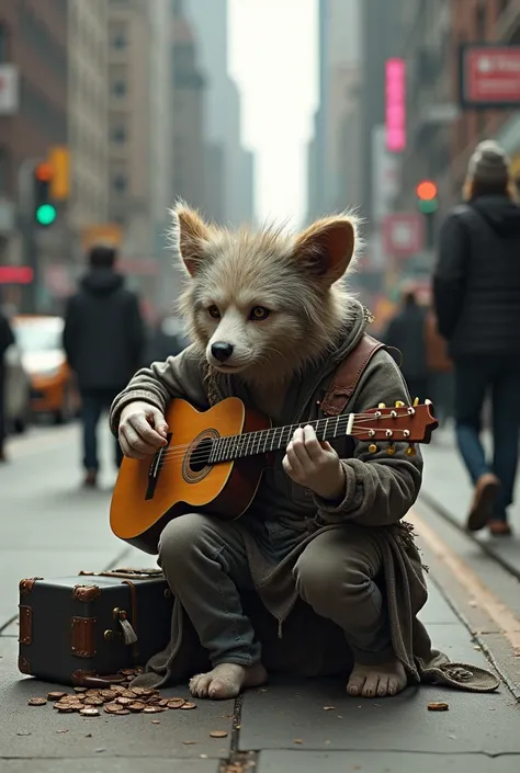 A homeless furry playing the guitar to earn money